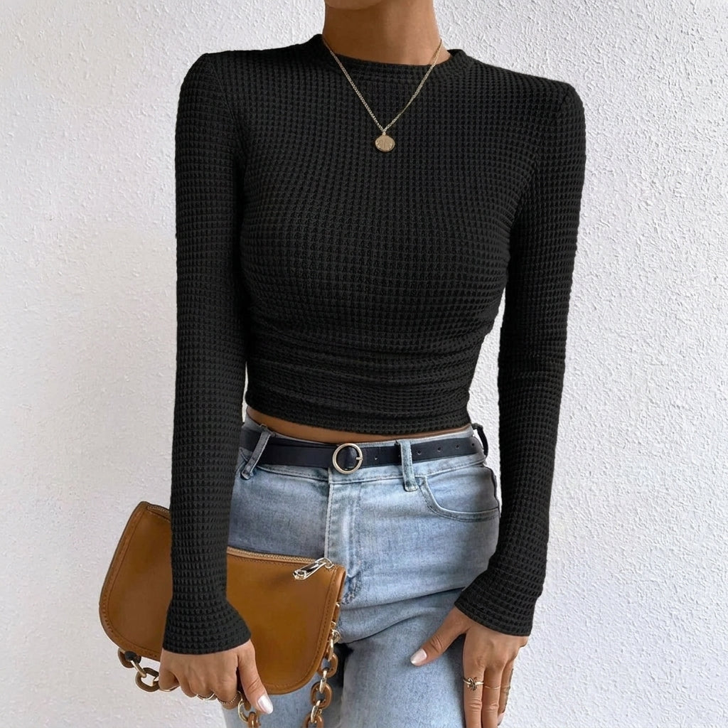 Women's Crop Top – Fitted Waffle Knit Long Sleeve 14