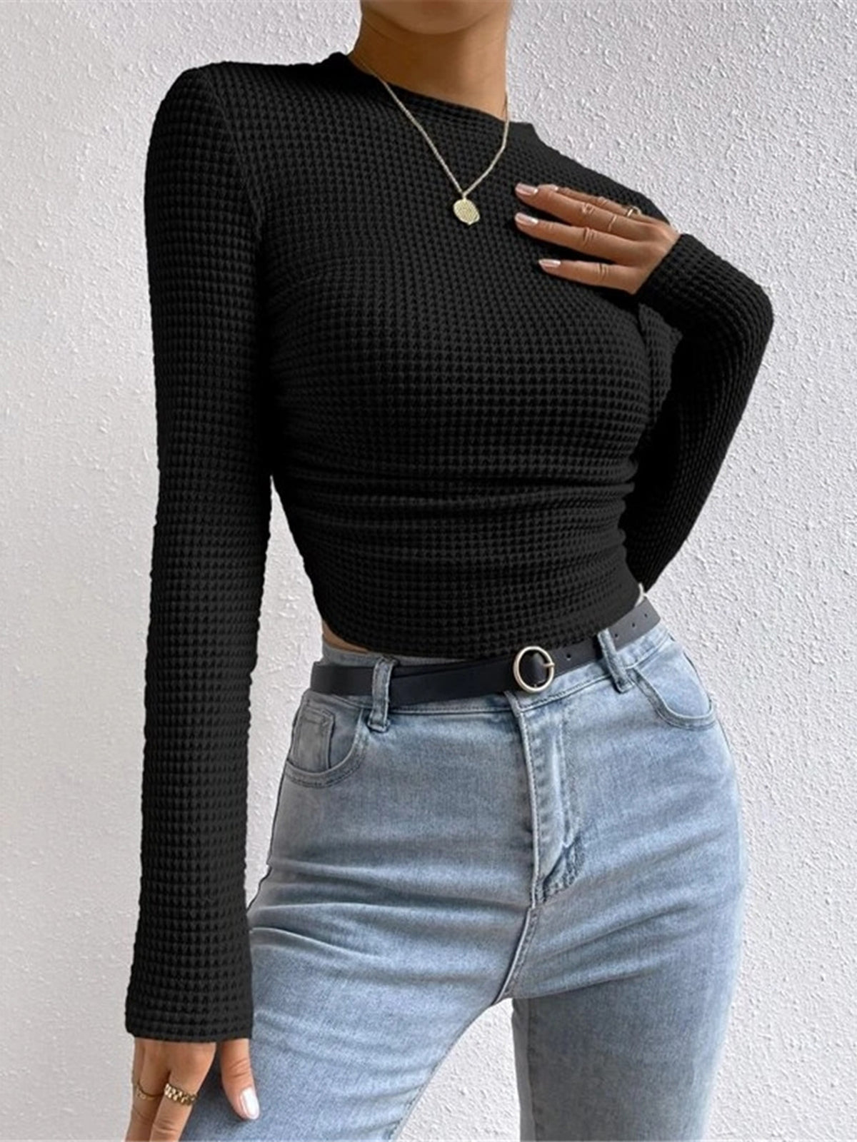 Women's Crop Top – Fitted Waffle Knit Long Sleeve - We are MFEO
