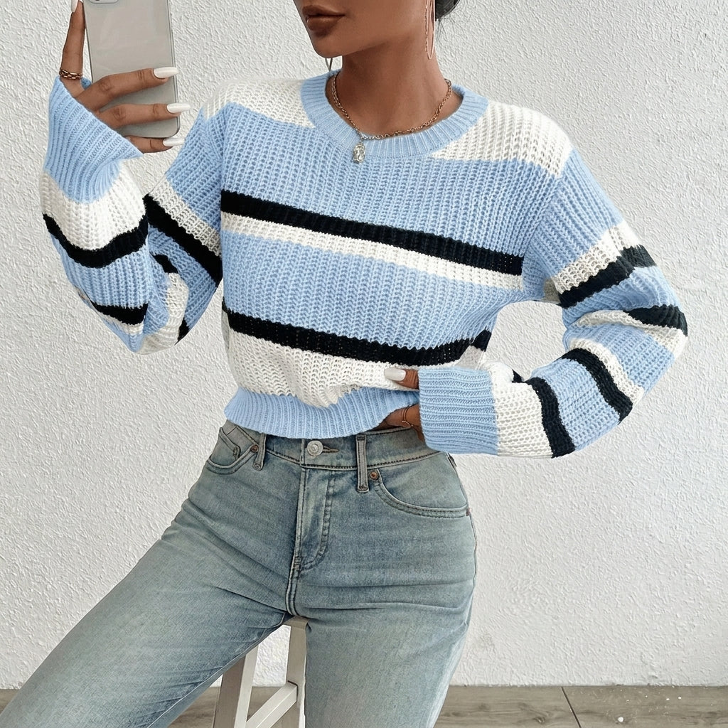 Women's Cropped Jumper – Striped Colour-Block Knit