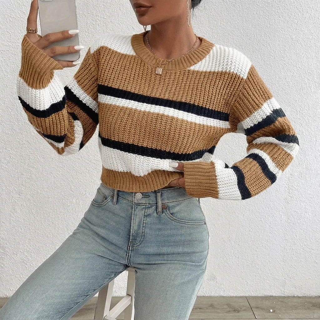Women's Cropped Jumper – Striped Colour-Block Knit
