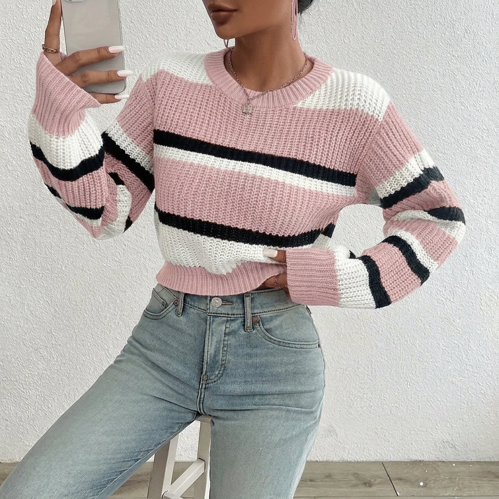 Women's Cropped Jumper – Striped Colour-Block Knit