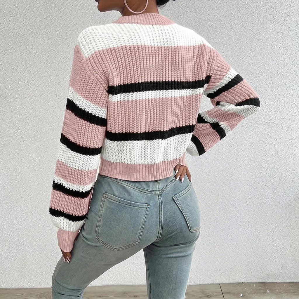 Women's Cropped Jumper – Striped Colour-Block Knit