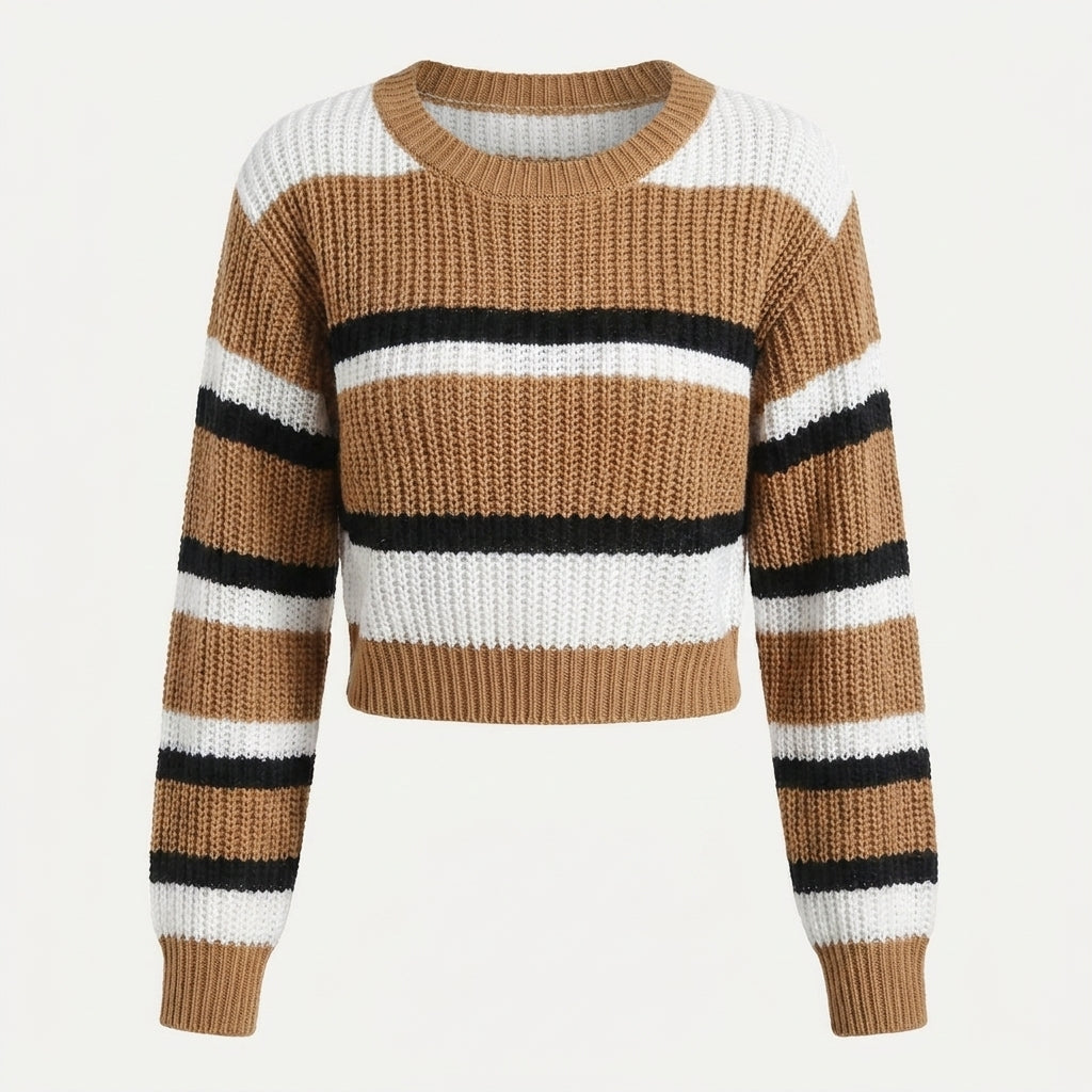 Women's Cropped Jumper – Striped Colour-Block Knit
