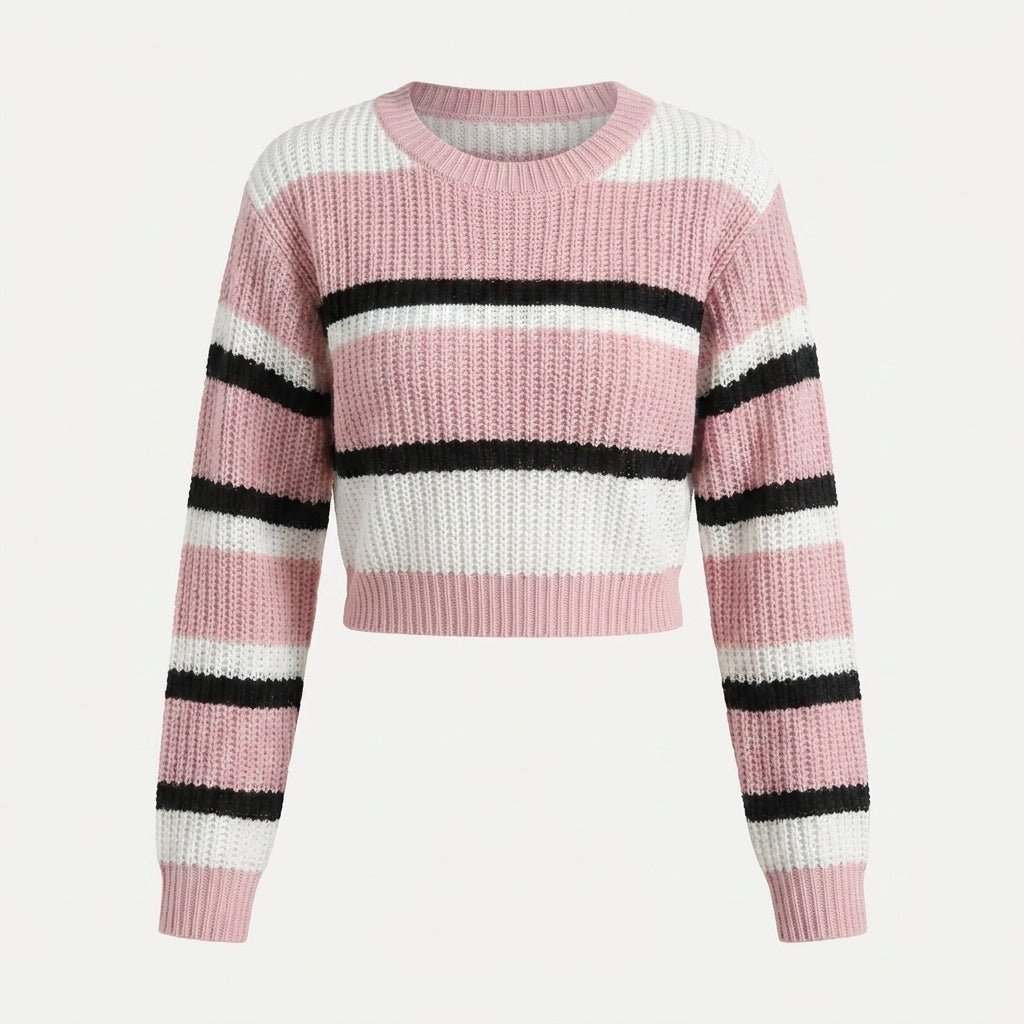 Women's Cropped Jumper – Striped Colour-Block Knit