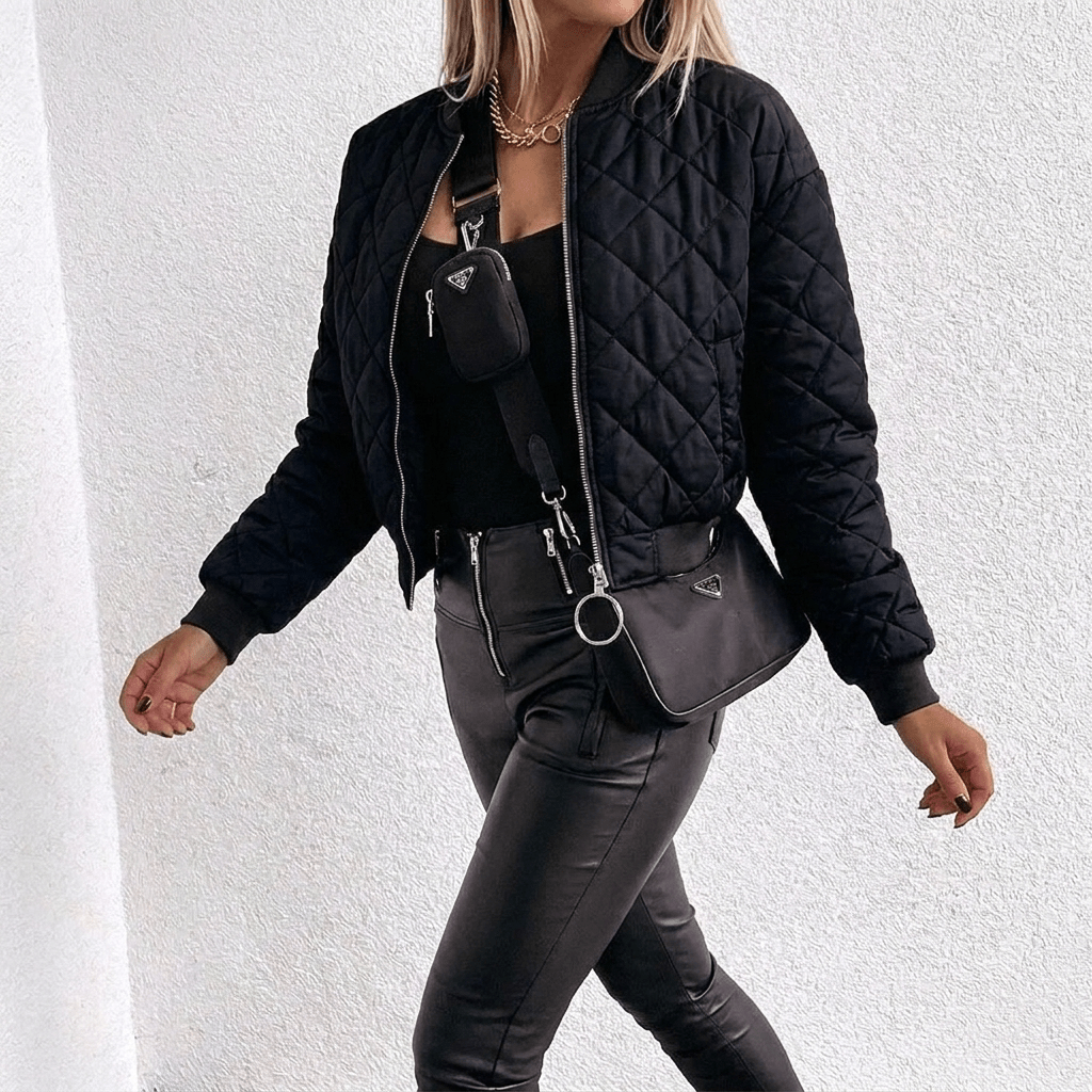 Women's Cropped Quilted Jacket – High-Shine Finish with Stand Collar - We are MFEO