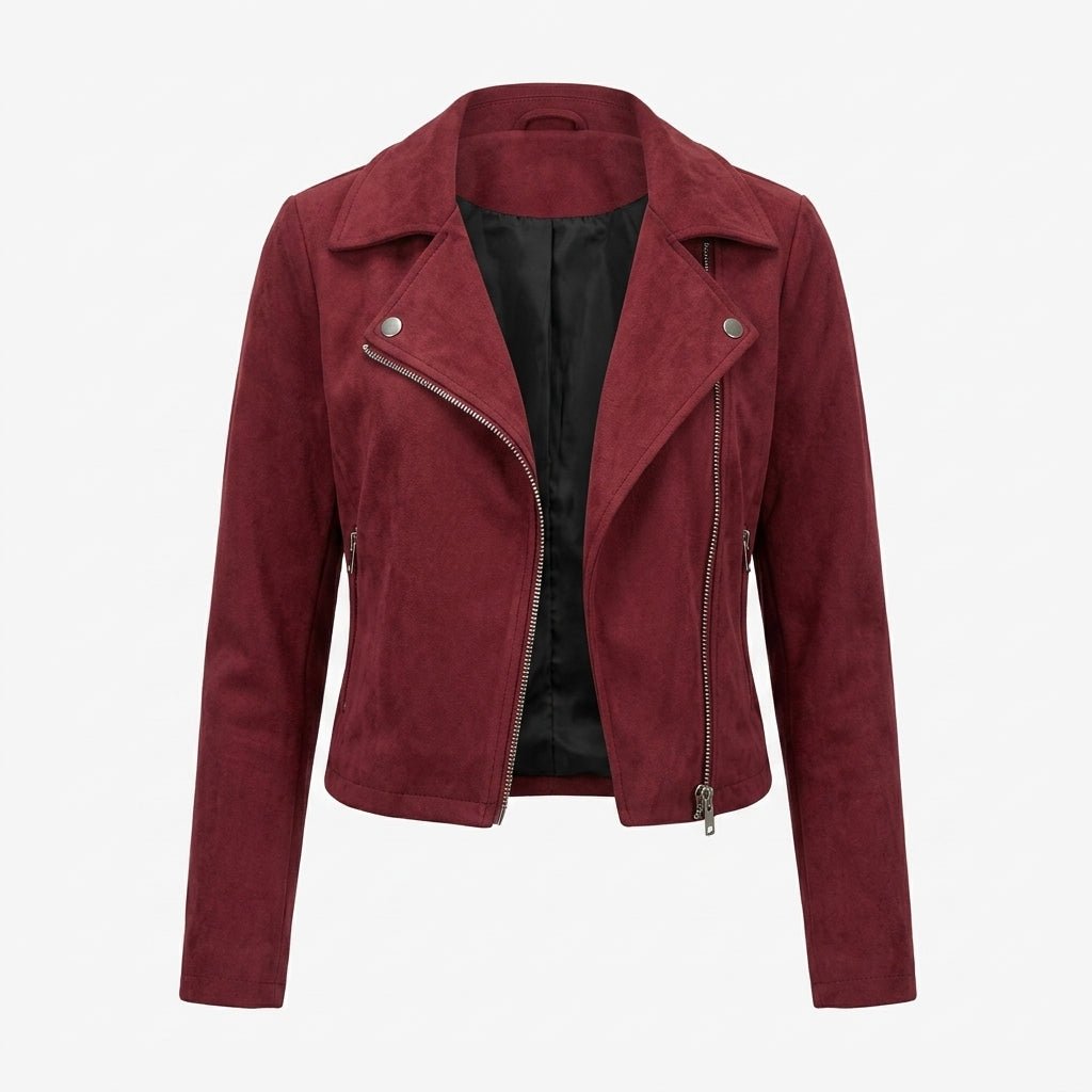 Women's Cropped Suede Jacket – Asymmetric Zip Front with Wide Lapel Collar - We are MFEO