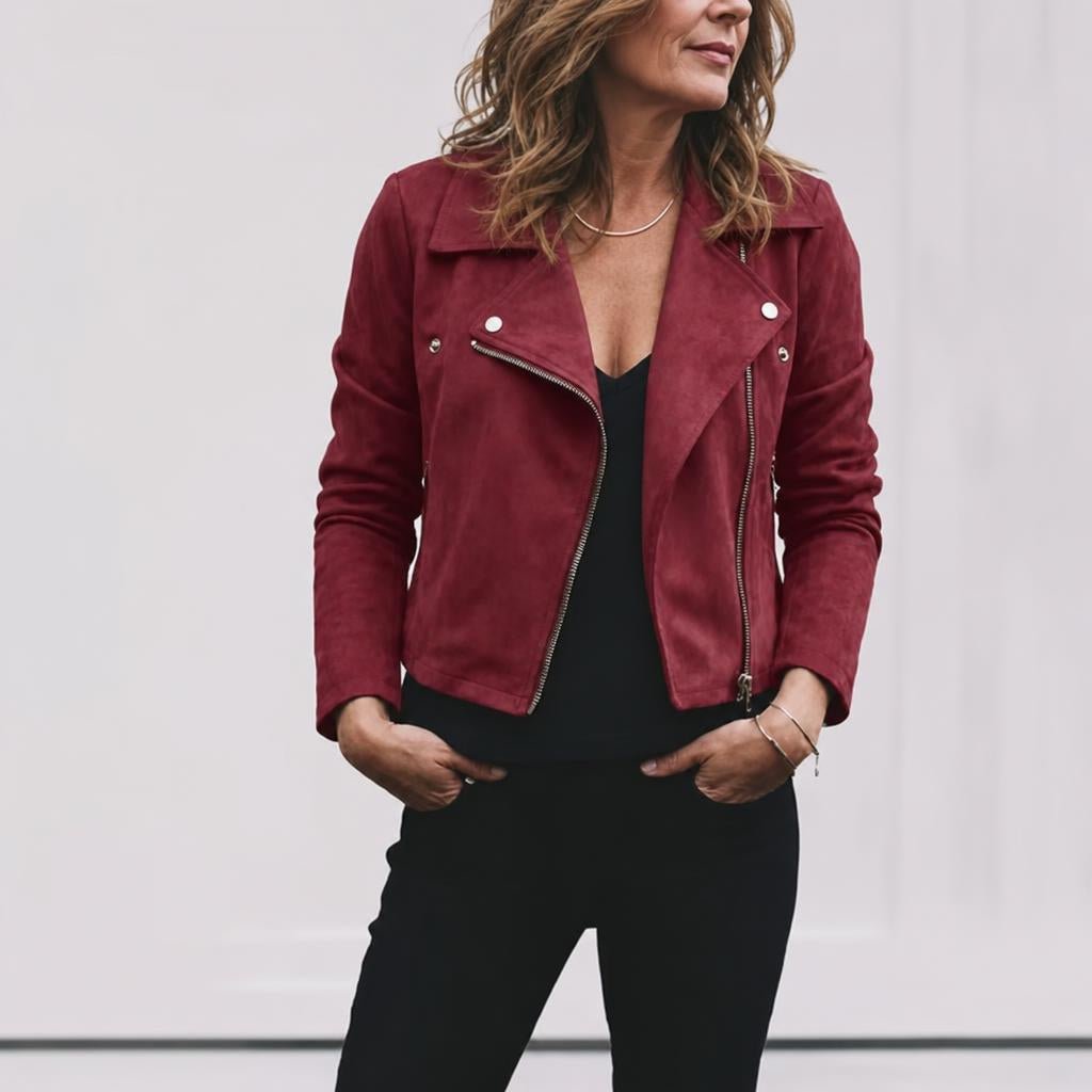 Women's Cropped Suede Jacket – Asymmetric Zip Front with Wide Lapel Collar - We are MFEO