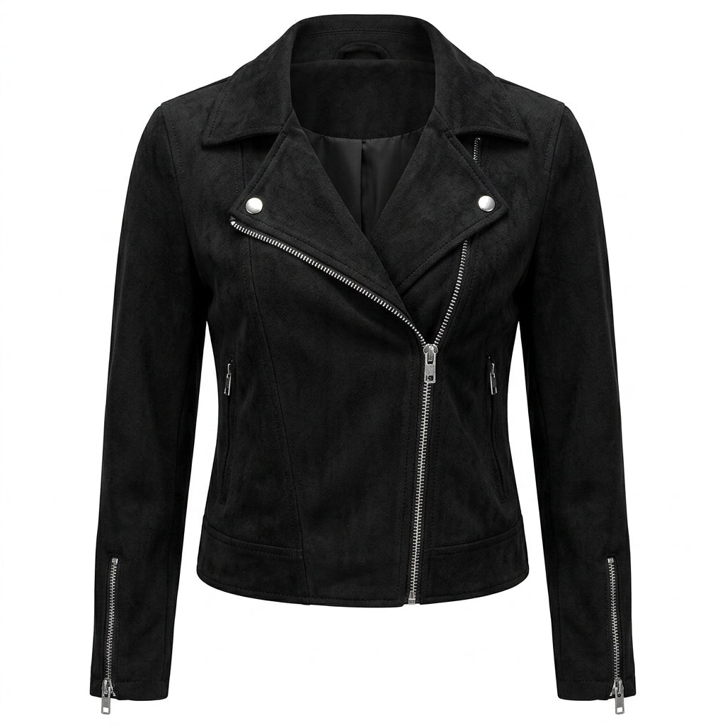 Women's Cropped Suede Jacket – Asymmetric Zip Front with Wide Lapel Collar - We are MFEO