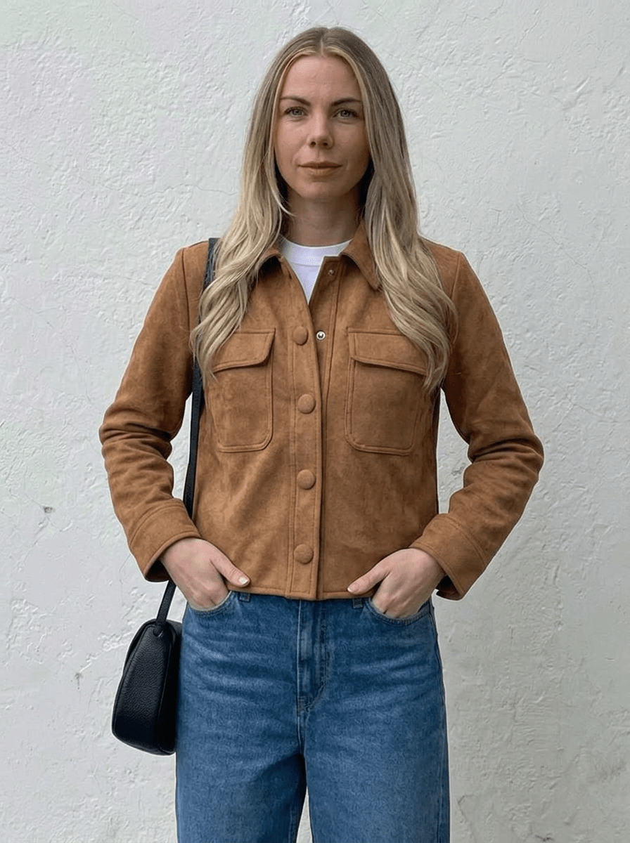 Women's Cropped Suede Jacket – Button Front, Collarless Design - We are MFEO