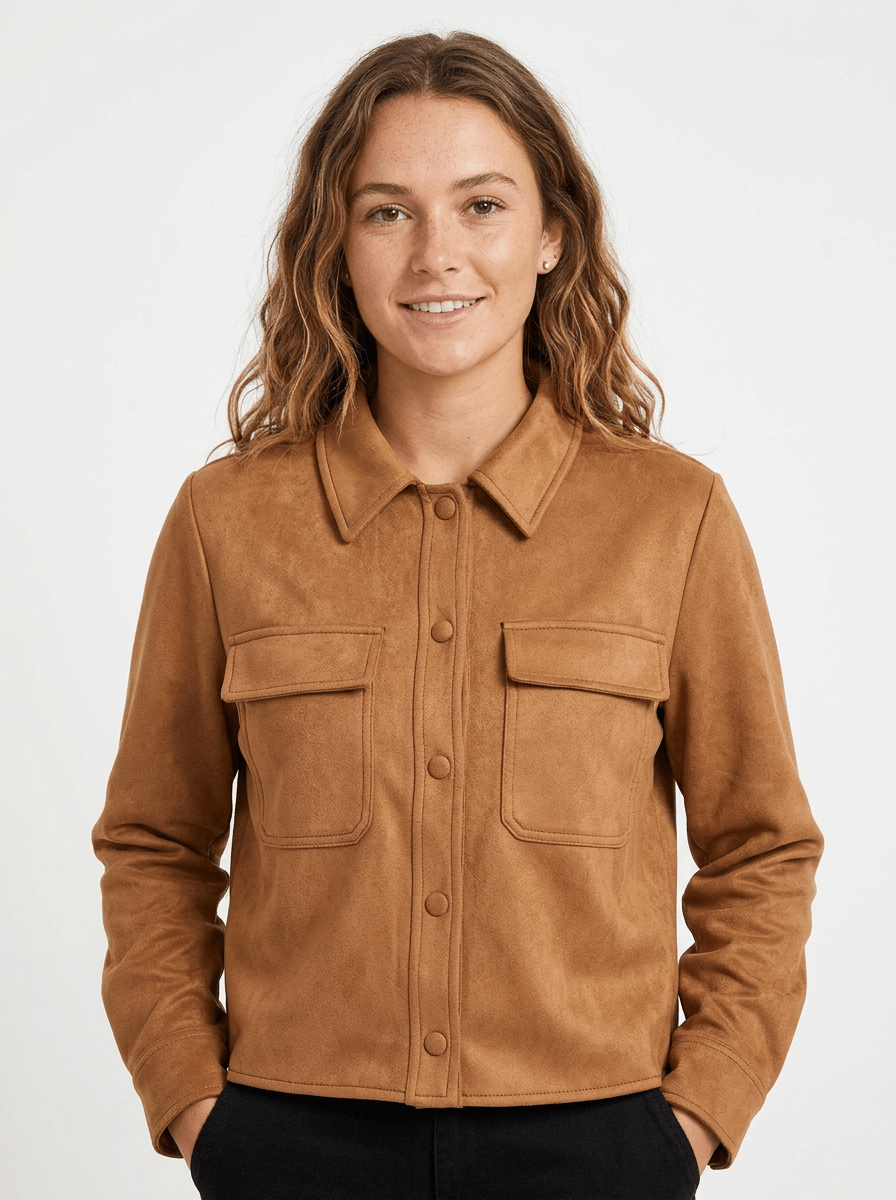 Women's Cropped Suede Jacket – Button Front, Collarless Design - We are MFEO