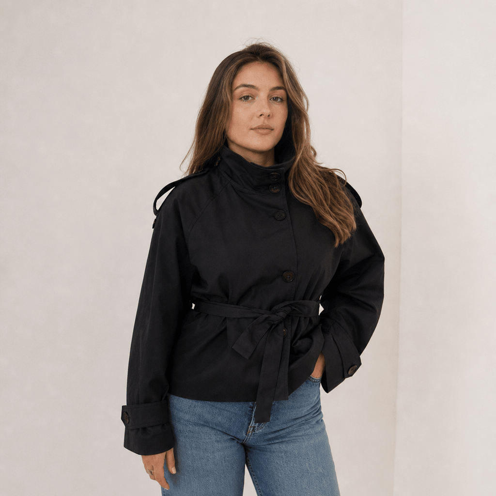 Women's Cropped Trench Coat – Double-Breasted with Belted Waist - We are MFEO