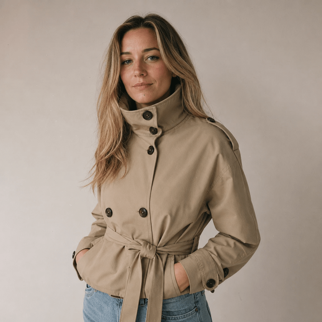 Women's Cropped Trench Coat – Double-Breasted with Belted Waist - We are MFEO