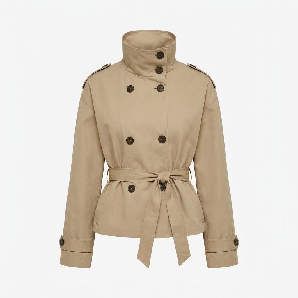 Women's Cropped Trench Coat – Double-Breasted with Belted Waist - We are MFEO