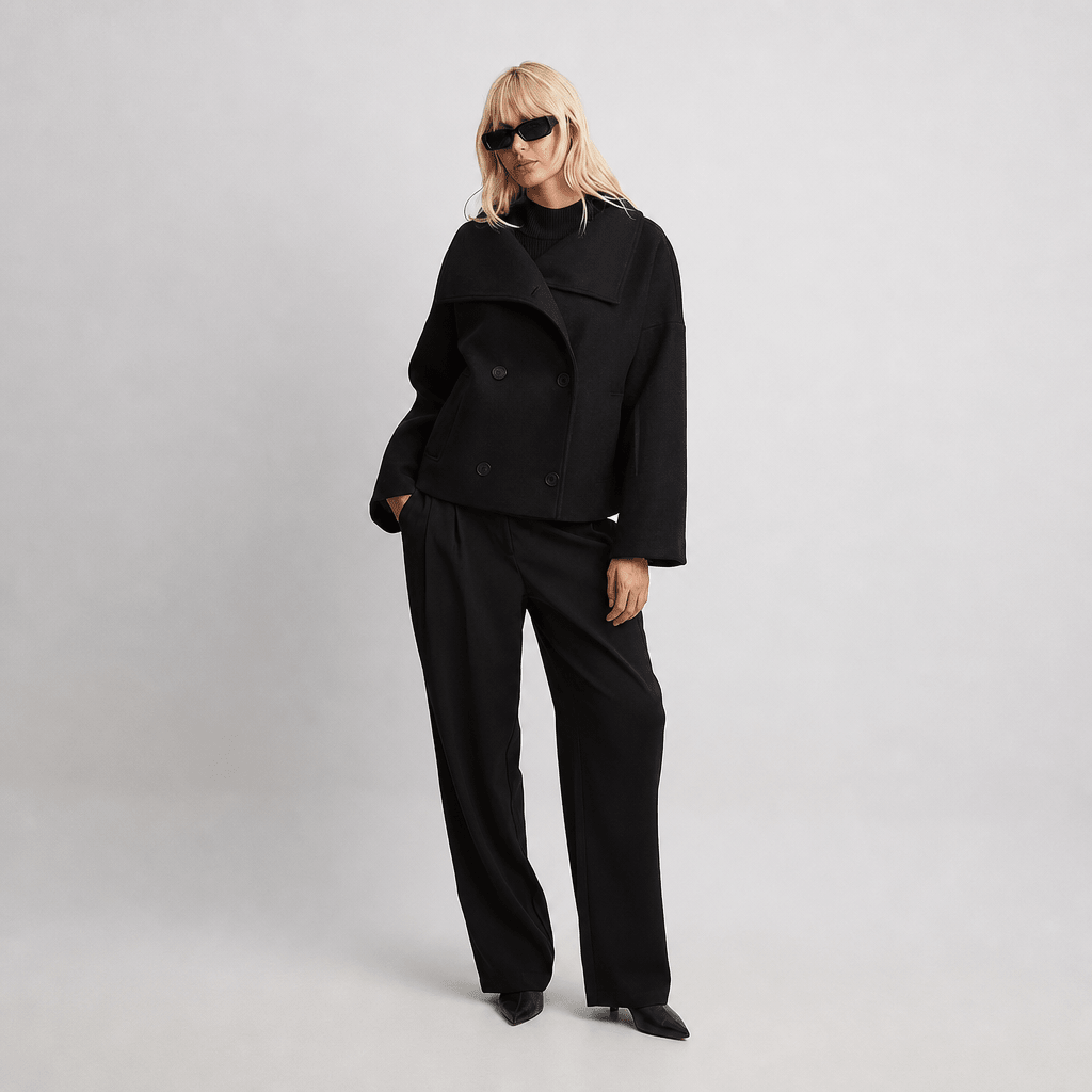 Women's Cropped Trench Coat – Oversized Fit with Wide Lapel and Double-Breasted Design - We are MFEO