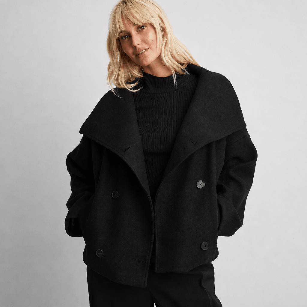 Women's Cropped Trench Coat – Oversized Fit with Wide Lapel and Double-Breasted Design - We are MFEO