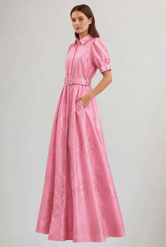 Women's Floral Maxi Dress – Belted Waist, Button Front, Floor-Length - We are MFEO