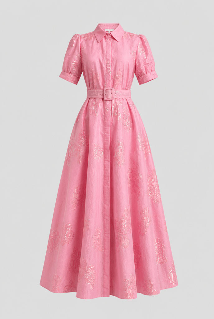 Women's Floral Maxi Dress – Belted Waist, Button Front, Floor-Length - We are MFEO