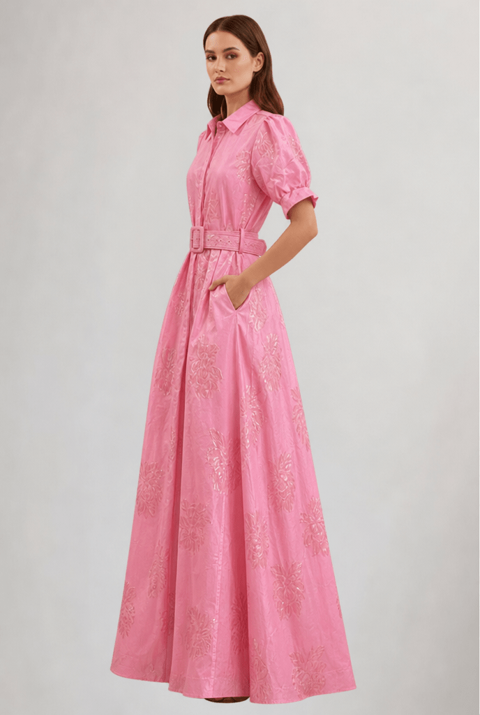 Women's Floral Maxi Dress – Belted Waist, Button Front, Floor-Length - We are MFEO