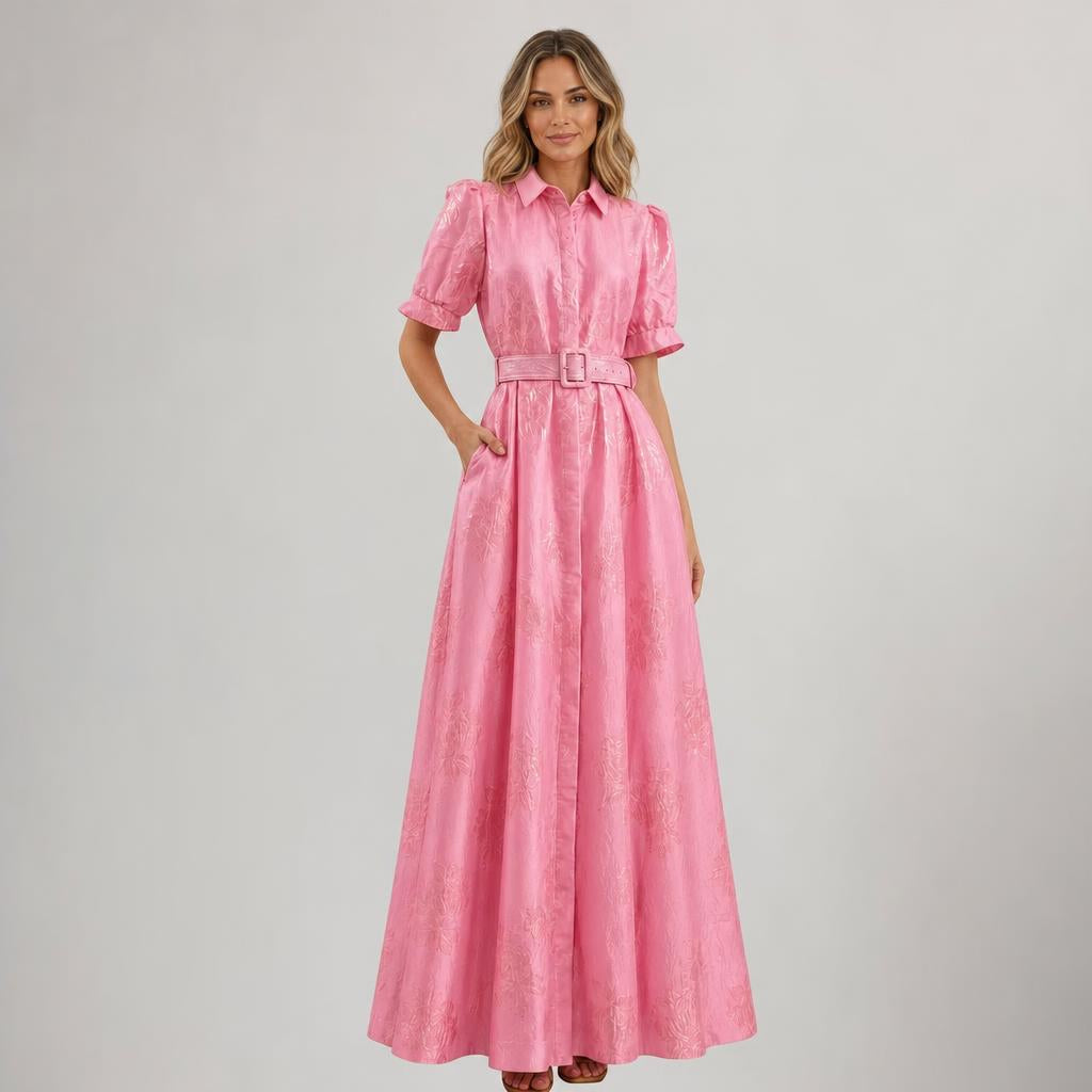 Floral Maxi Dress – Belted Waist, Button Front, Floor-Length - We are MFEO