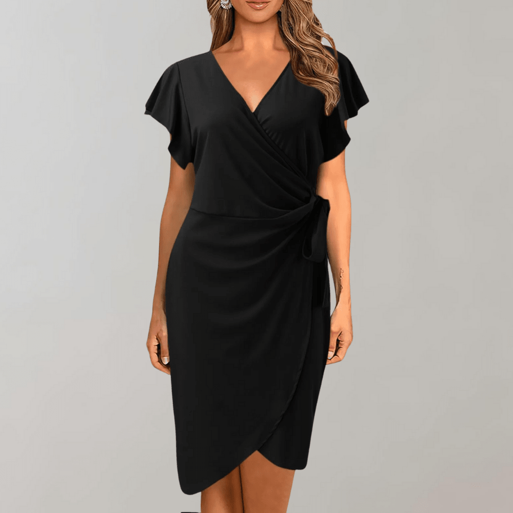 Women's Formal Wrap Midi Dress with Side Tie Waist – Crossover V-Neck and Flutter Sleeves - We are MFEO