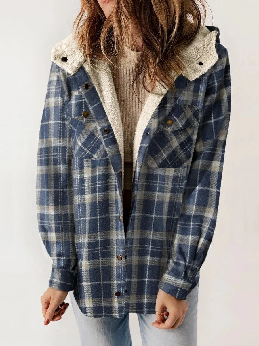 Women's Hooded Plaid Jacket – Cozy Design with Button Closure for Autumn - We are MFEO