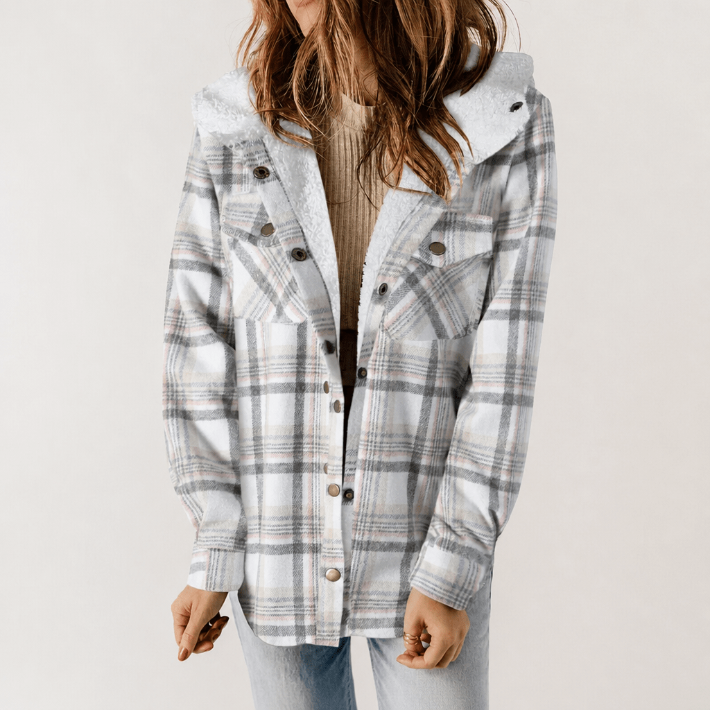 Women's Hooded Plaid Jacket – Cozy Design with Button Closure for Autumn - We are MFEO
