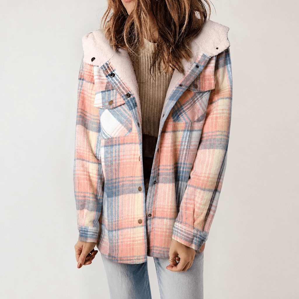 Women's Hooded Plaid Jacket – Cozy Design with Button Closure for Autumn - We are MFEO