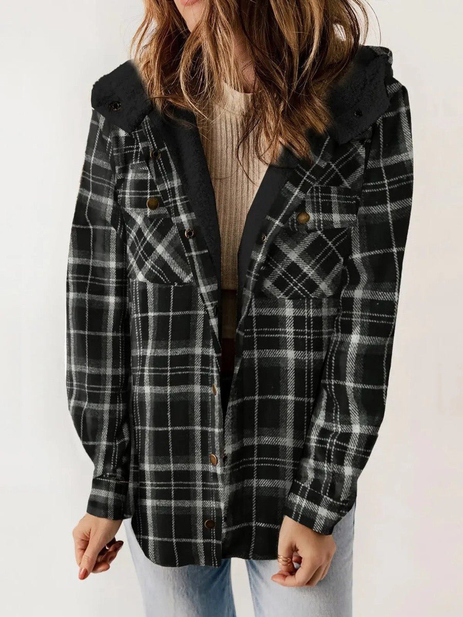 Women's Hooded Plaid Jacket – Cozy Design with Button Closure for Autumn - We are MFEO