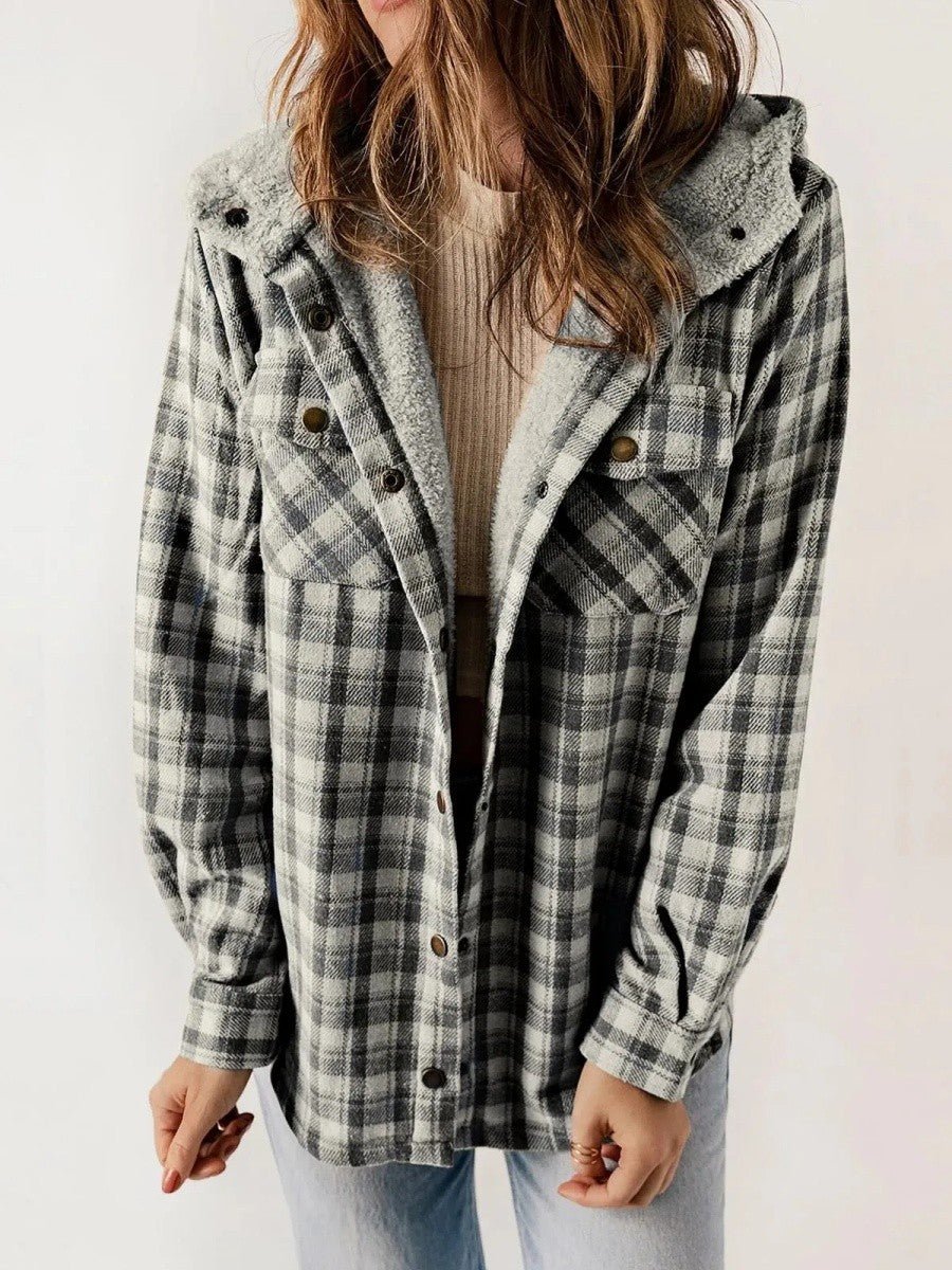 Women's Hooded Plaid Jacket – Cozy Design with Button Closure for Autumn - We are MFEO