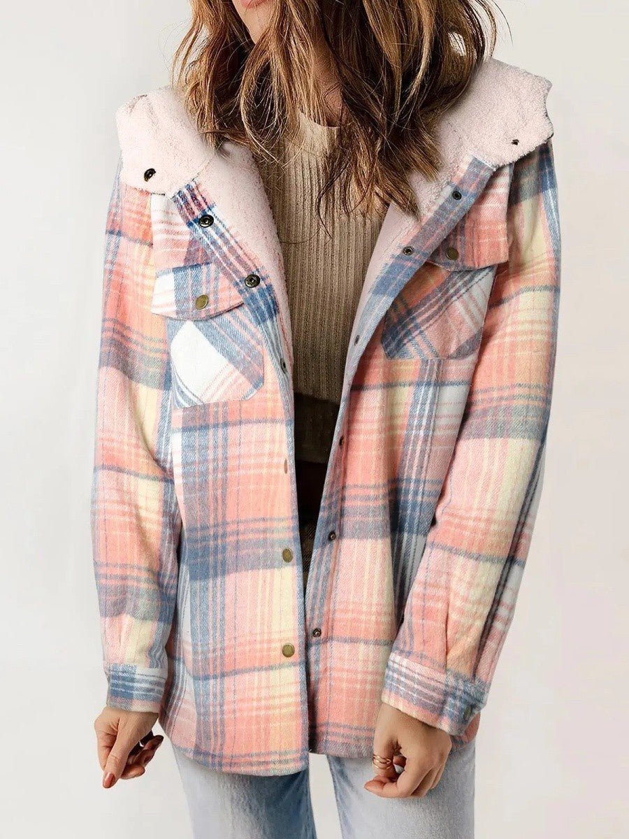 Women's Hooded Plaid Jacket – Cozy Design with Button Closure for Autumn - We are MFEO