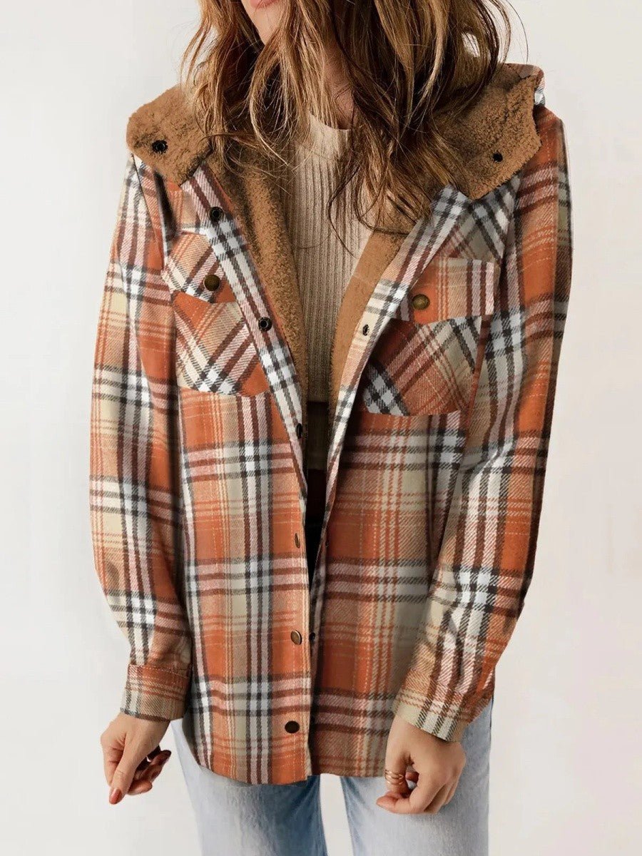 Women's Hooded Plaid Jacket – Cozy Design with Button Closure for Autumn - We are MFEO