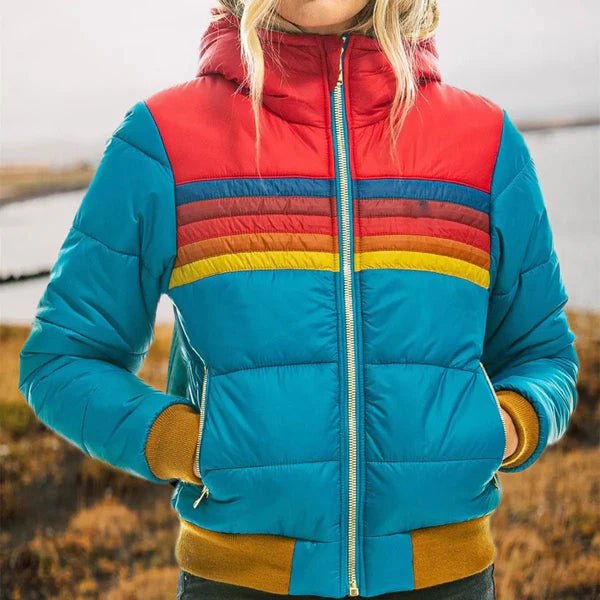 Women's Hooded Puffer Jacket – Retro Striped Design for Winter Casual Wear - We are MFEO