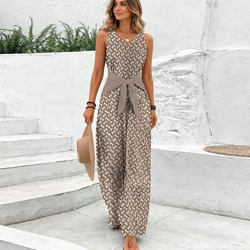 Jumpsuit with Tie Waist – Sleeveless Wide Leg V-Neck