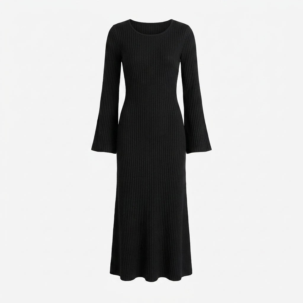 Women's Knit Maxi Dress with Scoop Neck and Bell Sleeves - We are MFEO