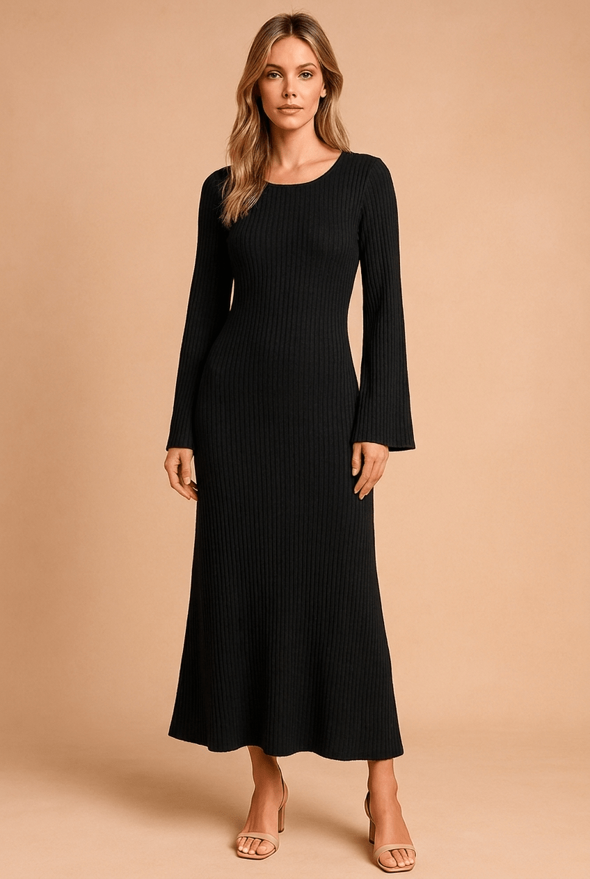 Women's Knit Maxi Dress with Scoop Neck and Bell Sleeves - We are MFEO