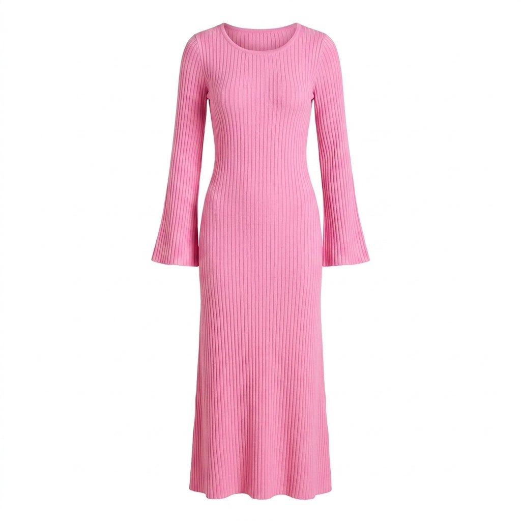 Women's Knit Maxi Dress with Scoop Neck and Bell Sleeves - We are MFEO