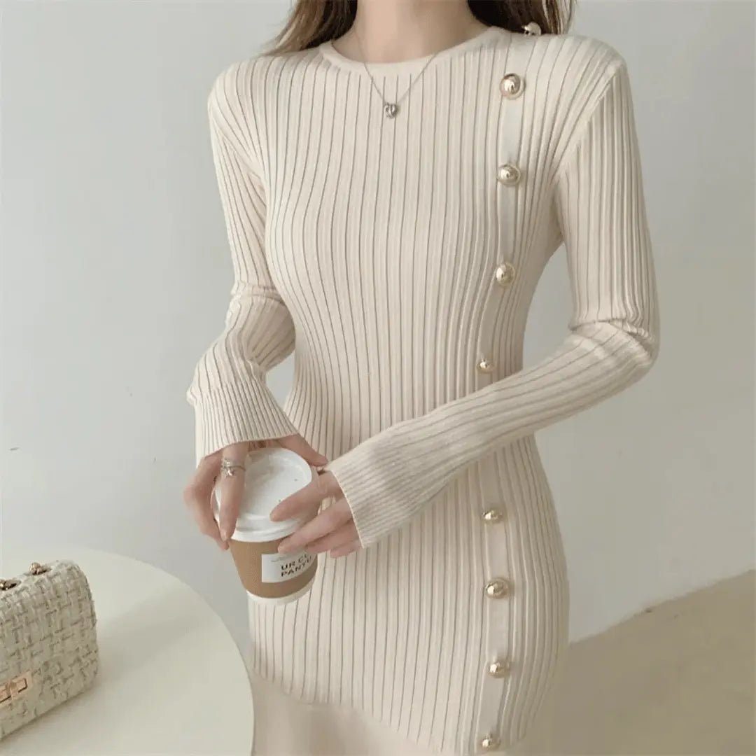 Women's Knit Midi Dress with Side Buttons – Flared Mermaid Hem - We are MFEO