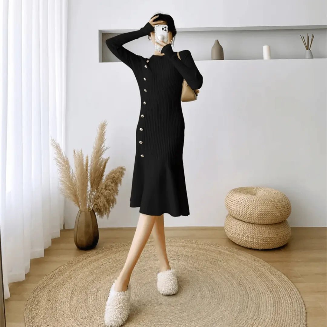 Women's Knit Midi Dress with Side Buttons – Flared Mermaid Hem - We are MFEO