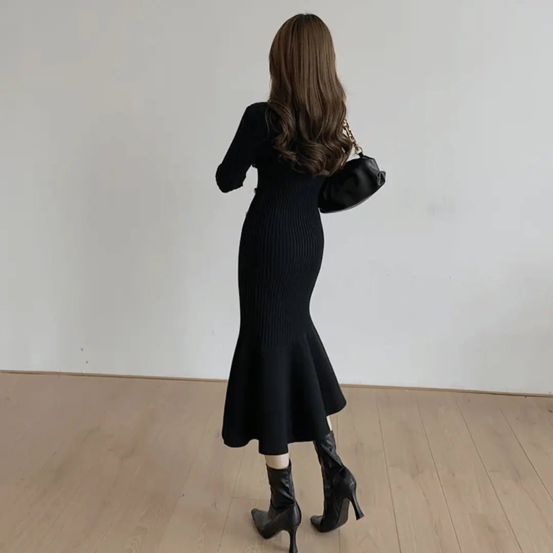 Women's Knit Midi Dress with Side Buttons – Flared Mermaid Hem - We are MFEO