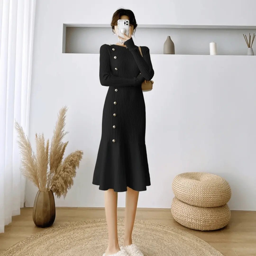 Women's Knit Midi Dress with Side Buttons – Flared Mermaid Hem - We are MFEO