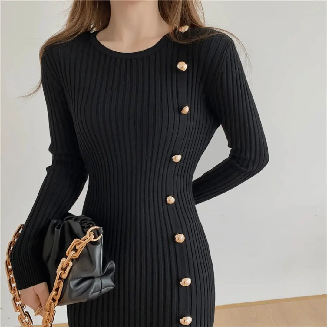 Women's Knit Midi Dress with Side Buttons – Flared Mermaid Hem - We are MFEO