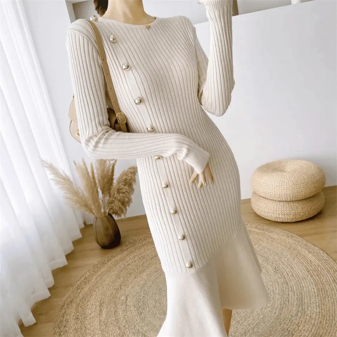 Women's Knit Midi Dress with Side Buttons – Flared Mermaid Hem - We are MFEO