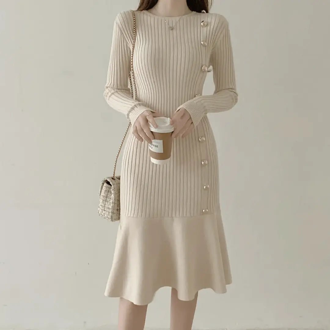 Women's Knit Midi Dress with Side Buttons – Flared Mermaid Hem - We are MFEO