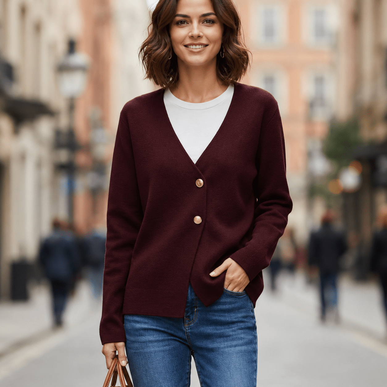 Women's Knitted Cardigan – Vintage Deep V - Neck with Double - Button Closure - We are MFEO