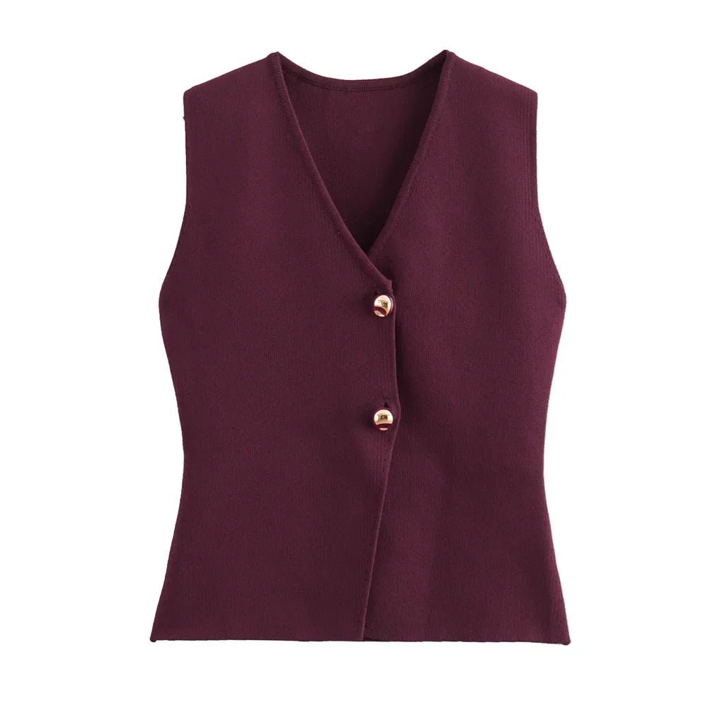 Women's Knitted Vest with V-Neck and Button Front – Asymmetric Hem - We are MFEO