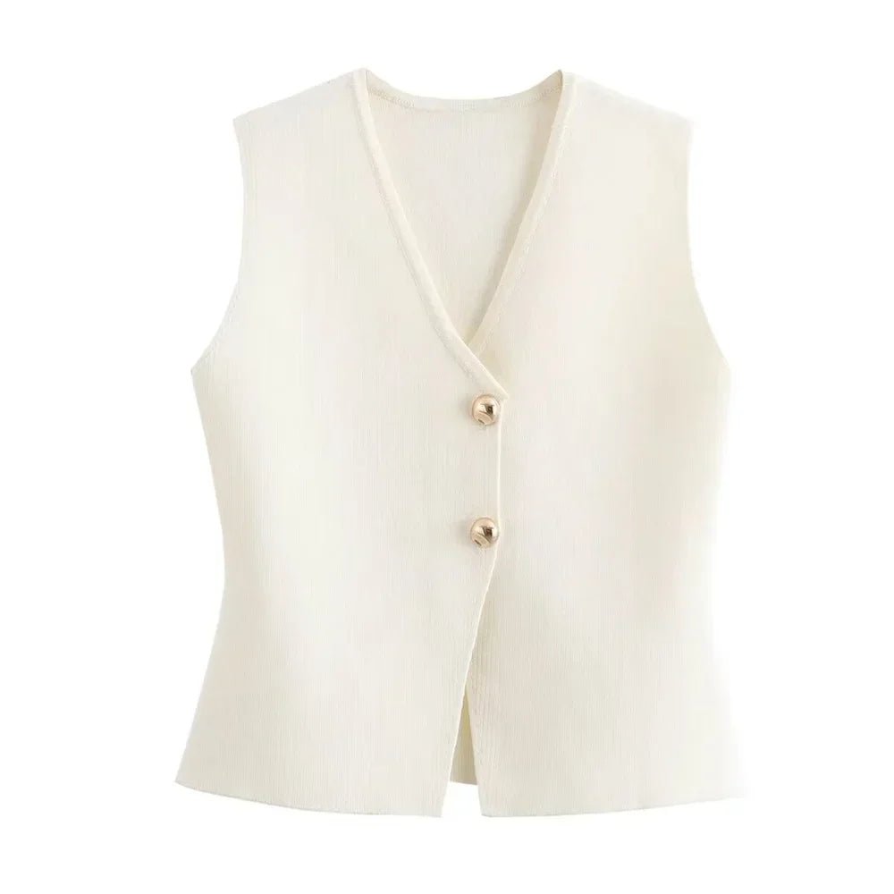Women's Knitted Vest with V-Neck and Button Front – Asymmetric Hem - We are MFEO