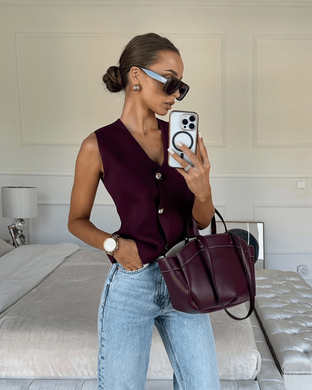 Women's Knitted Vest with V-Neck and Button Front – Asymmetric Hem - We are MFEO