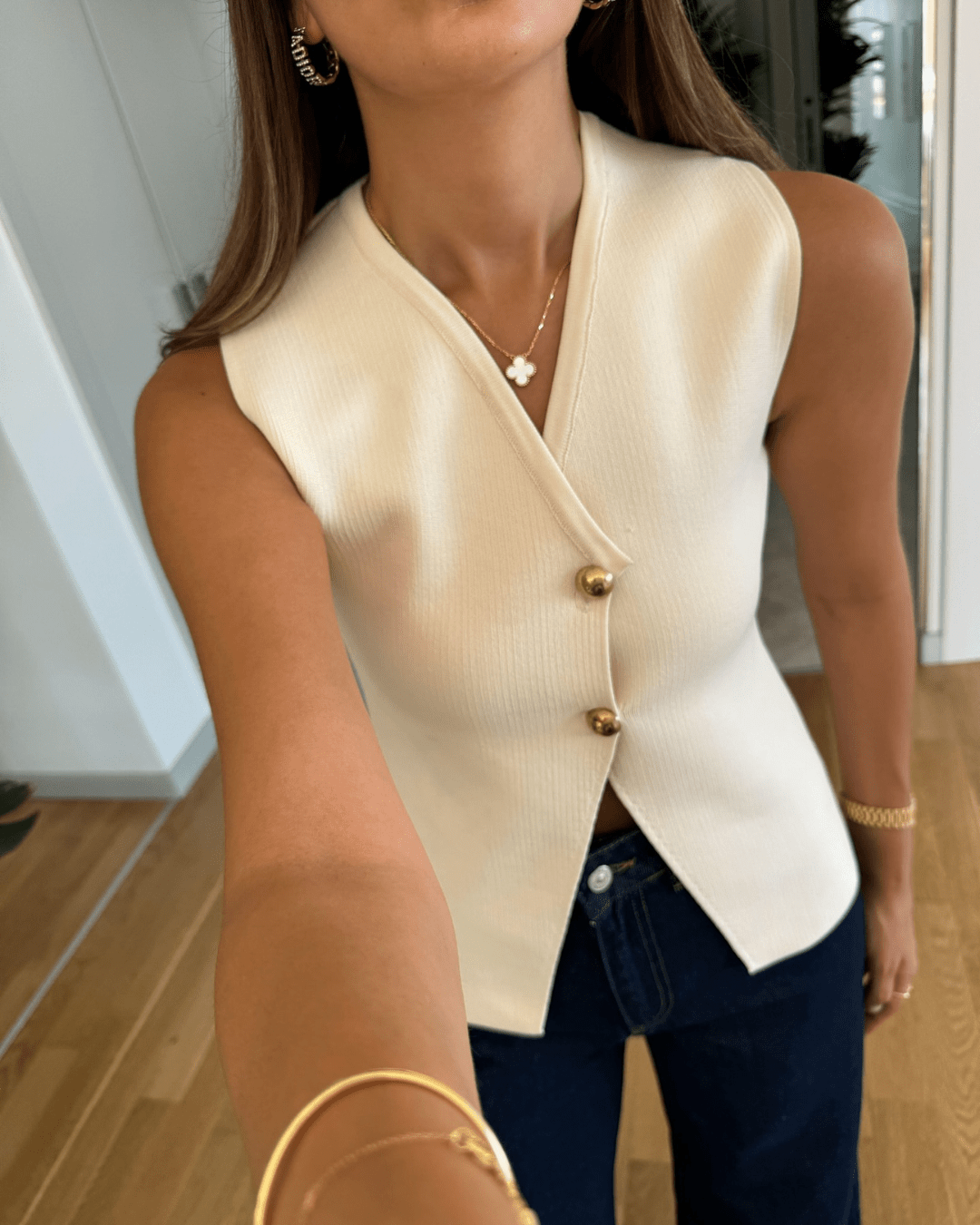 Women's Knitted Vest with V-Neck and Button Front – Asymmetric Hem - We are MFEO