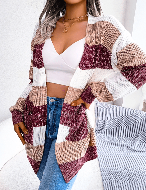 Women's Long Cardigan – Open Front Knit with Colour Block Stripes - We are MFEO