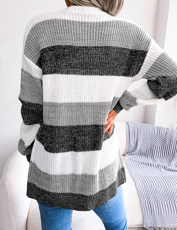 Women's Long Cardigan – Open Front Knit with Colour Block Stripes - We are MFEO